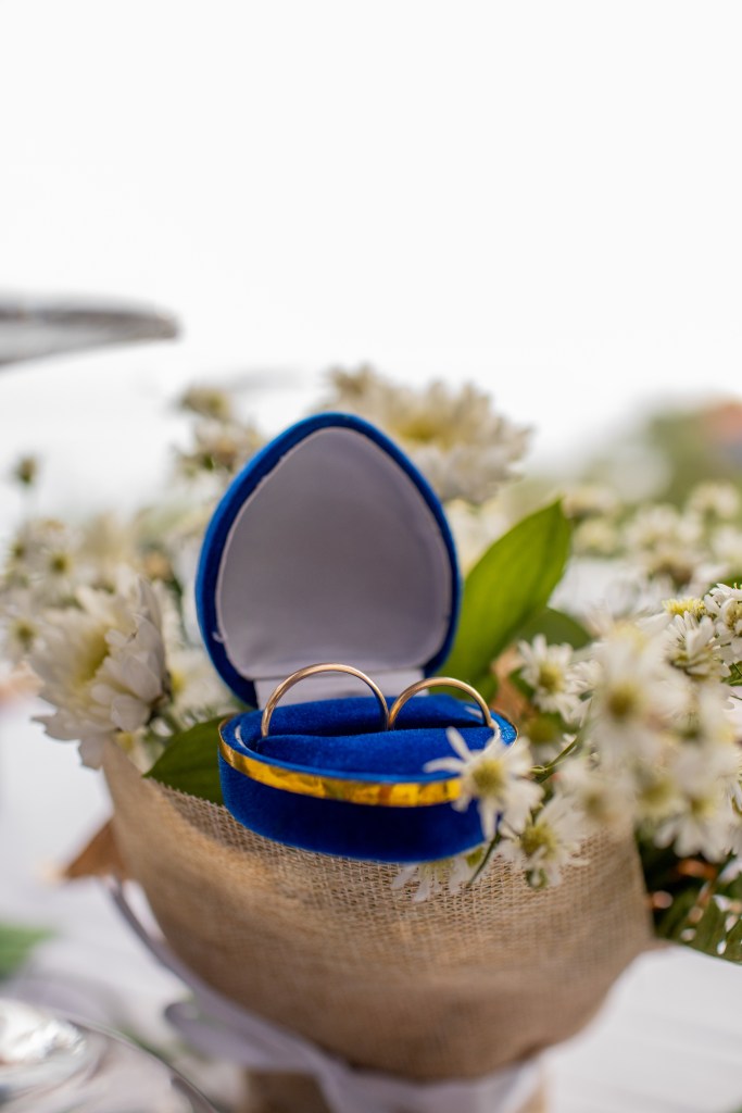 Wedding rings in a blue, heart shaped container